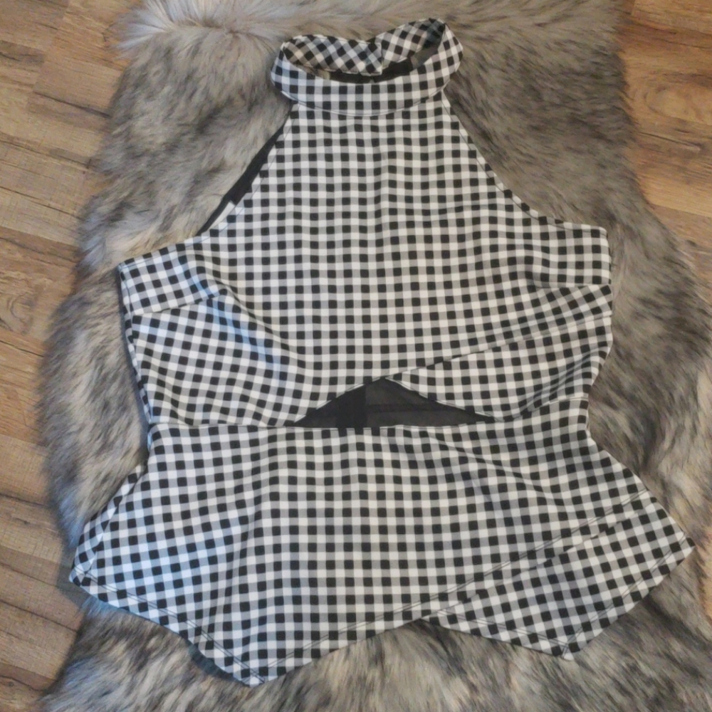 Material Girl Black and White Gingham Halter Peplum Top